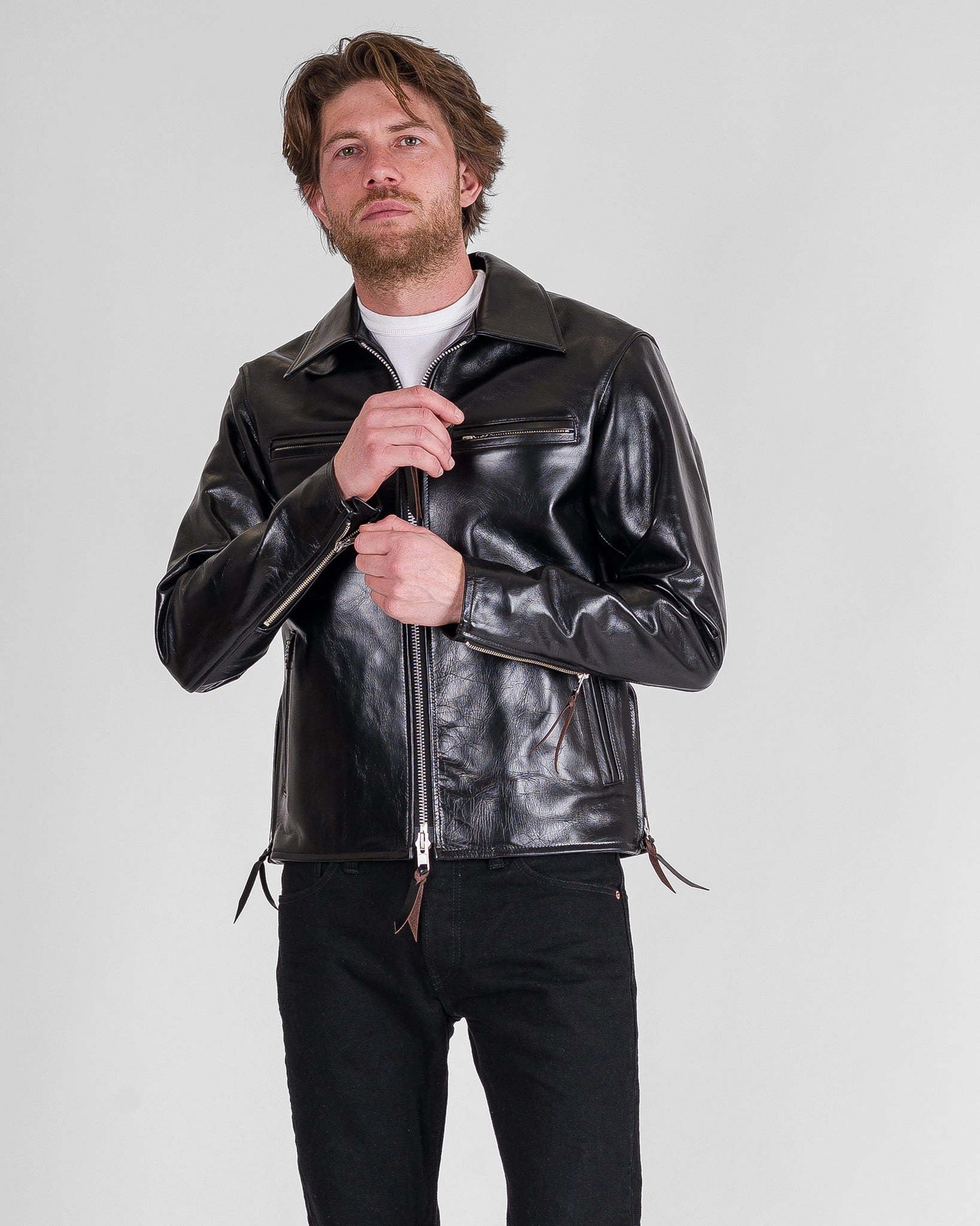 Japanese Horsehide Rider??s Jacket with Collar - Black (Tea-Core Dyed) Long Sleeve Active Daily Wear