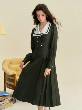 Barbara White Collar Double-Breasted Pleated Dark Green Plaid Dress casual top NoSlipWaistband