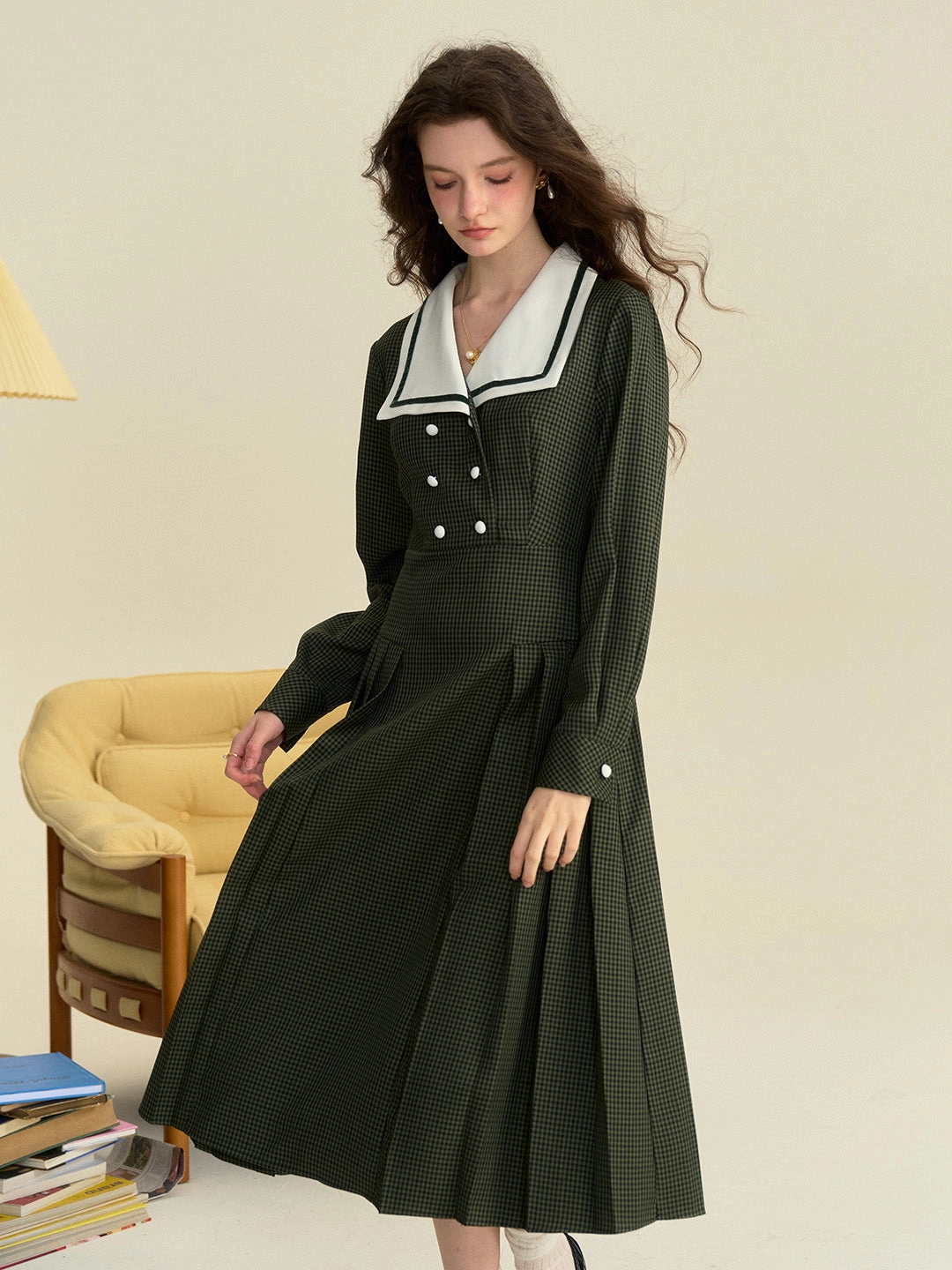 Barbara White Collar Double-Breasted Pleated Dark Green Plaid Dress CompressionEnhanced Fit