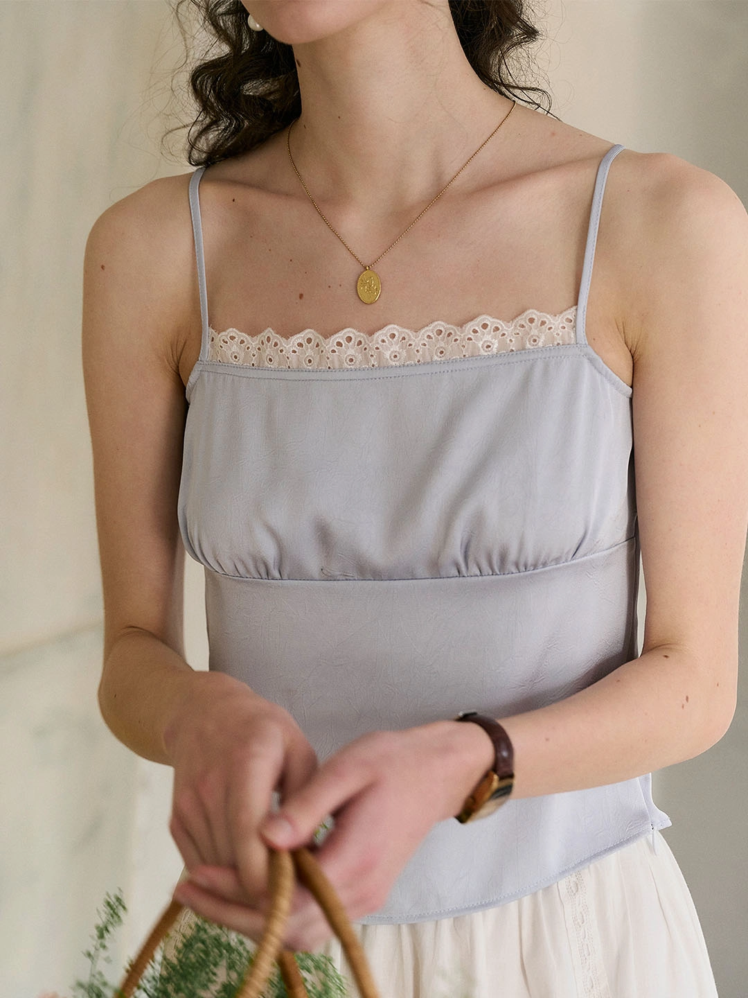 AntibacterialMaterial DoubleLayerReinforcement (Add-on Item) Elisa Wavy Lace Square Neck Satin Camisole Top