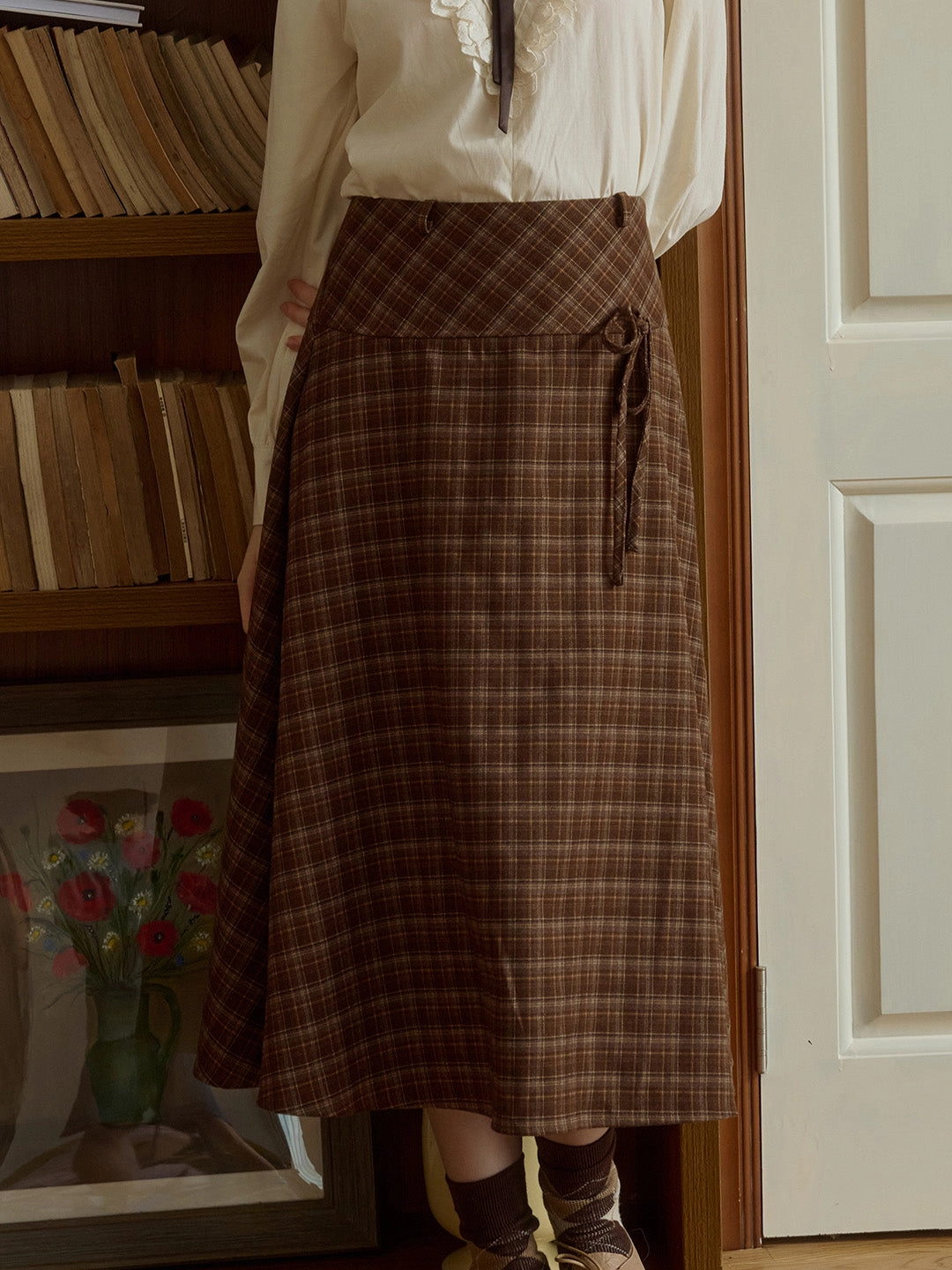 World Tone Adalee Vintage Brown Plaid Bow A-Line Skirt