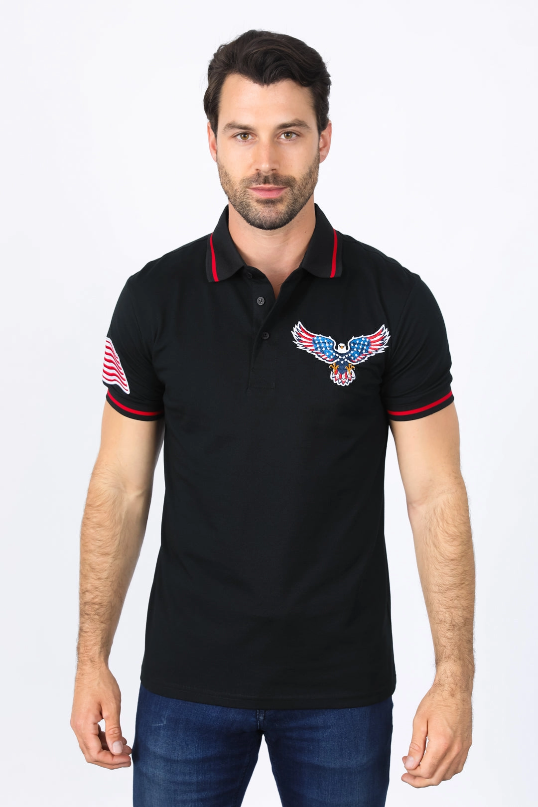 Mens Modern Fit Stretch USA Embroidery Polo Breathable Airflow Channels