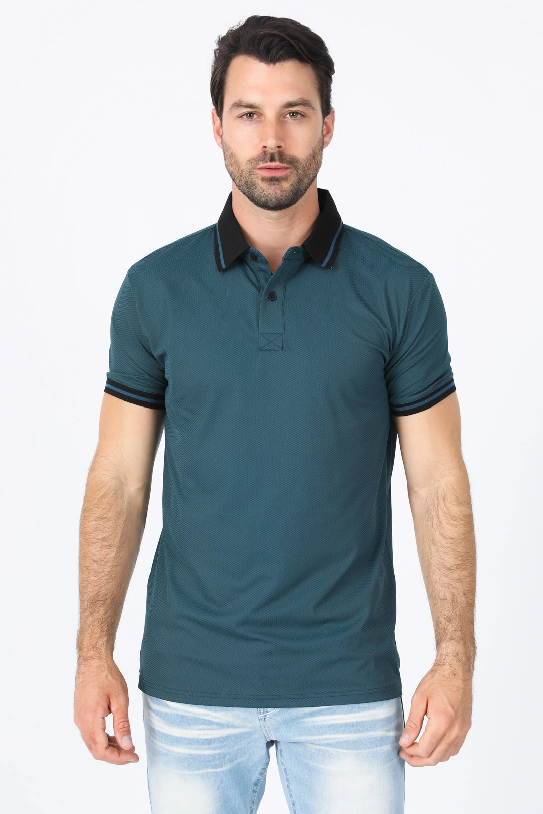 Mens Modern Fit Stretch Cotton Dark Teal Polo Sporty Fit