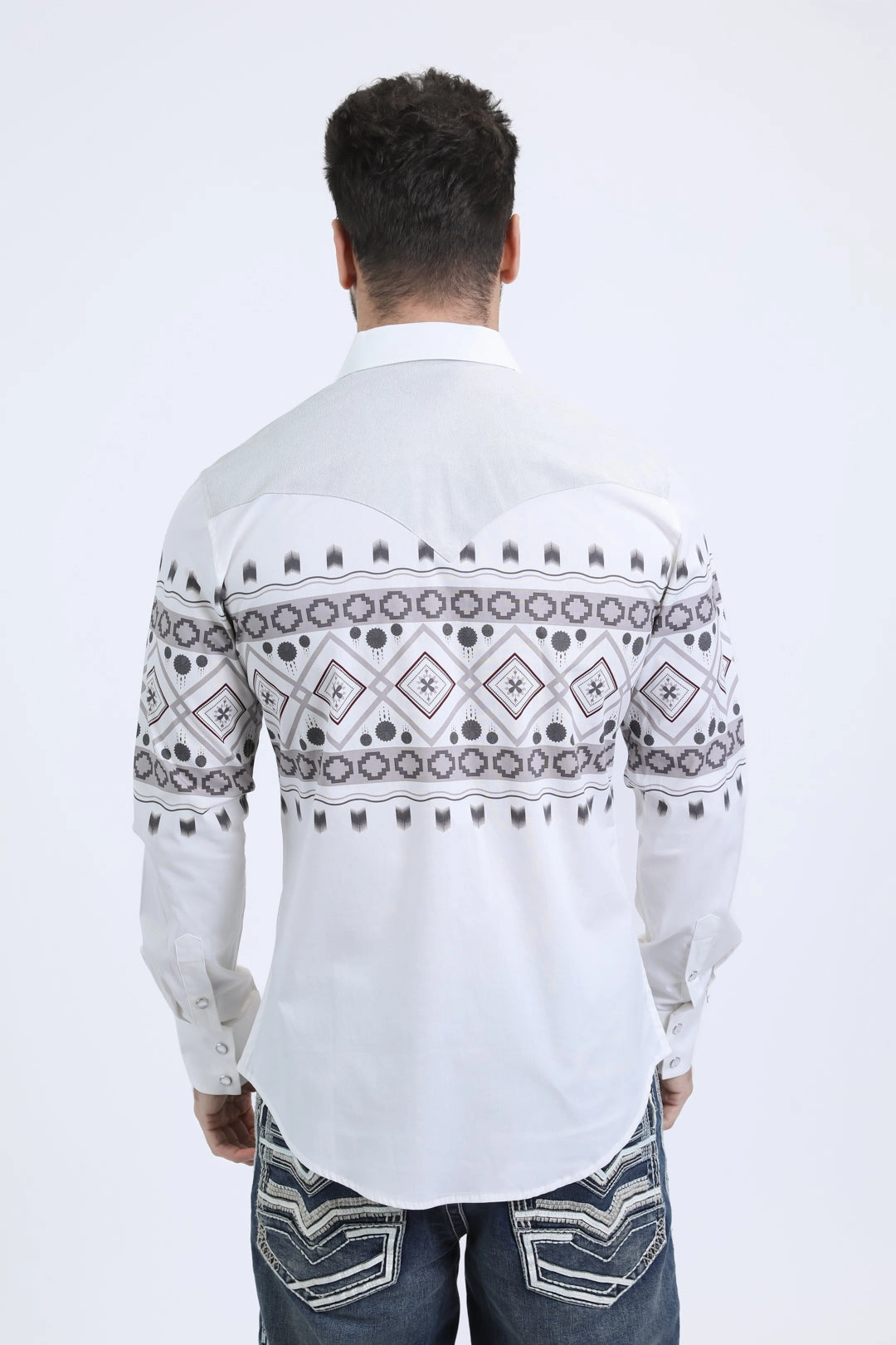 Budget Friendly Winter Layering Mens Western Modern Fit Cotton/Spandex Long Sleeve White Shirt with Snaps