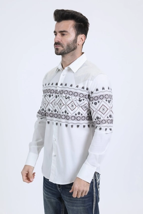 Abstract art Mens Western Modern Fit Cotton/Spandex Long Sleeve White Shirt with Snaps
