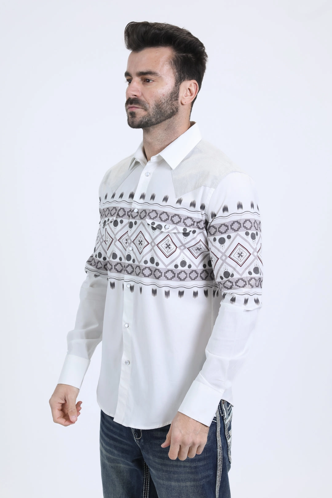 Abstract art Mens Western Modern Fit Cotton/Spandex Long Sleeve White Shirt with Snaps
