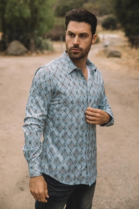 Mens Modern Fit Stretch Foil Fashion Blue Shirt Mountain Retreat