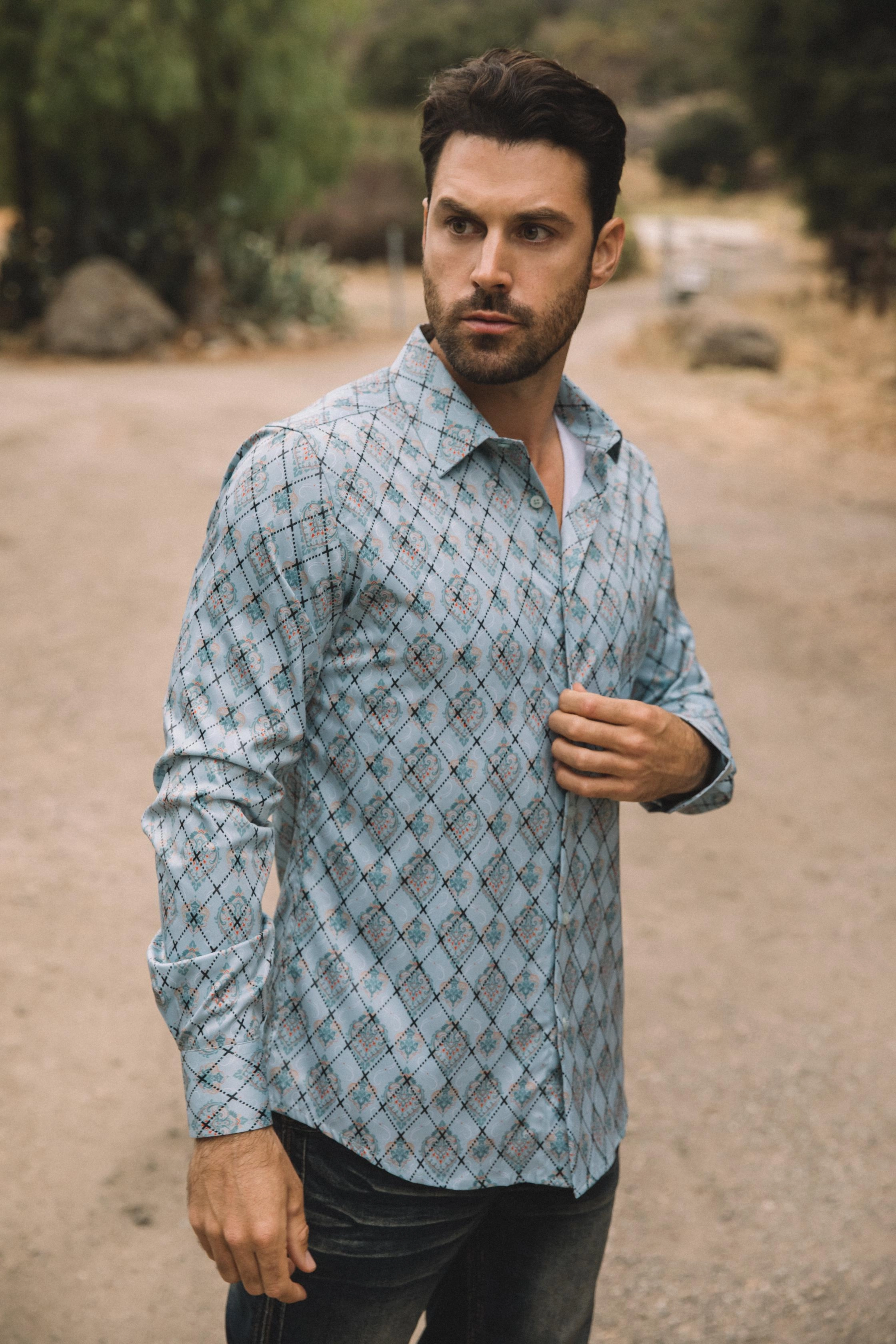 Mens Modern Fit Stretch Foil Fashion Blue Shirt Mountain Retreat