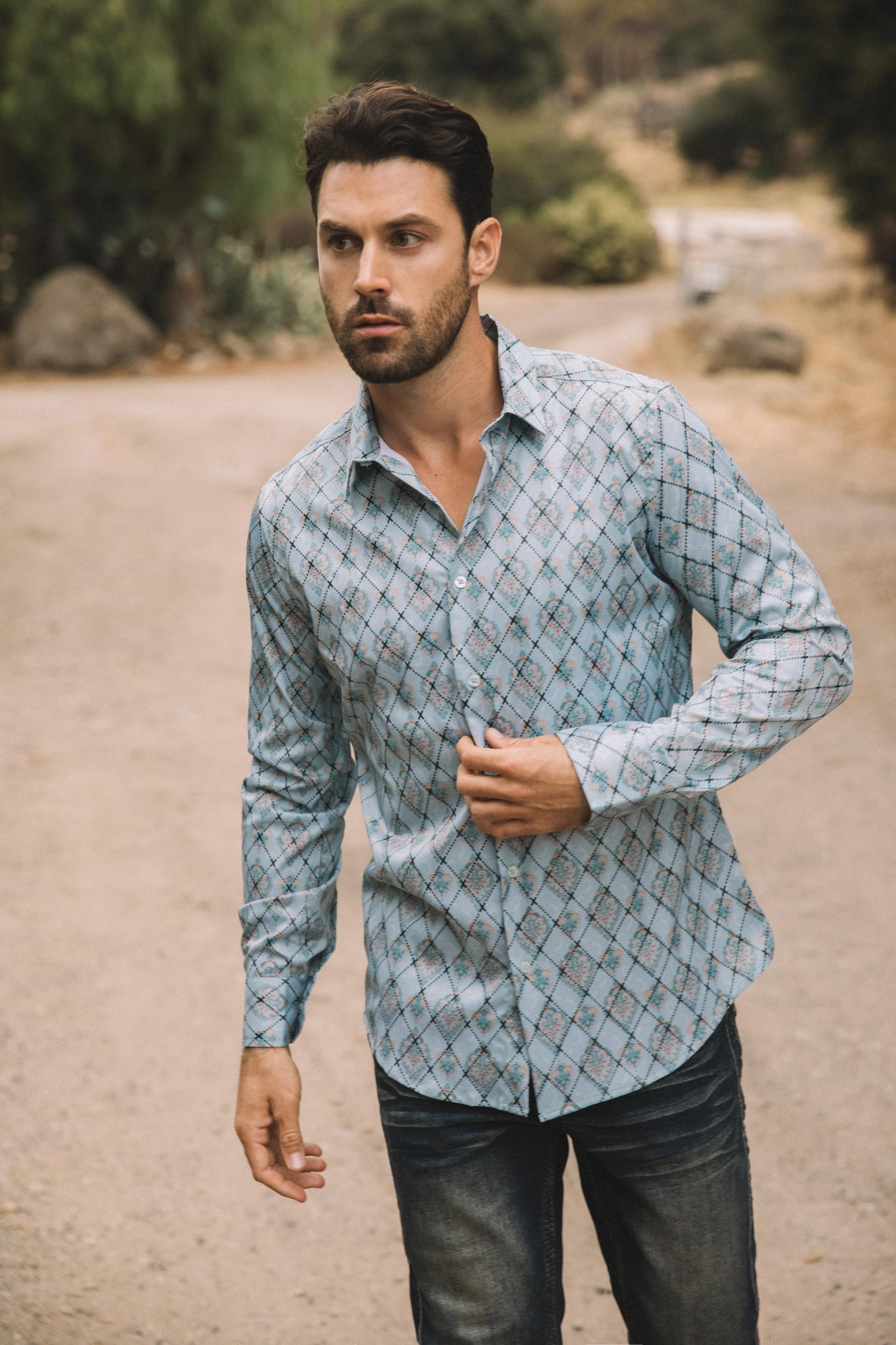 Mens Modern Fit Stretch Foil Fashion Blue Shirt Cozy Option