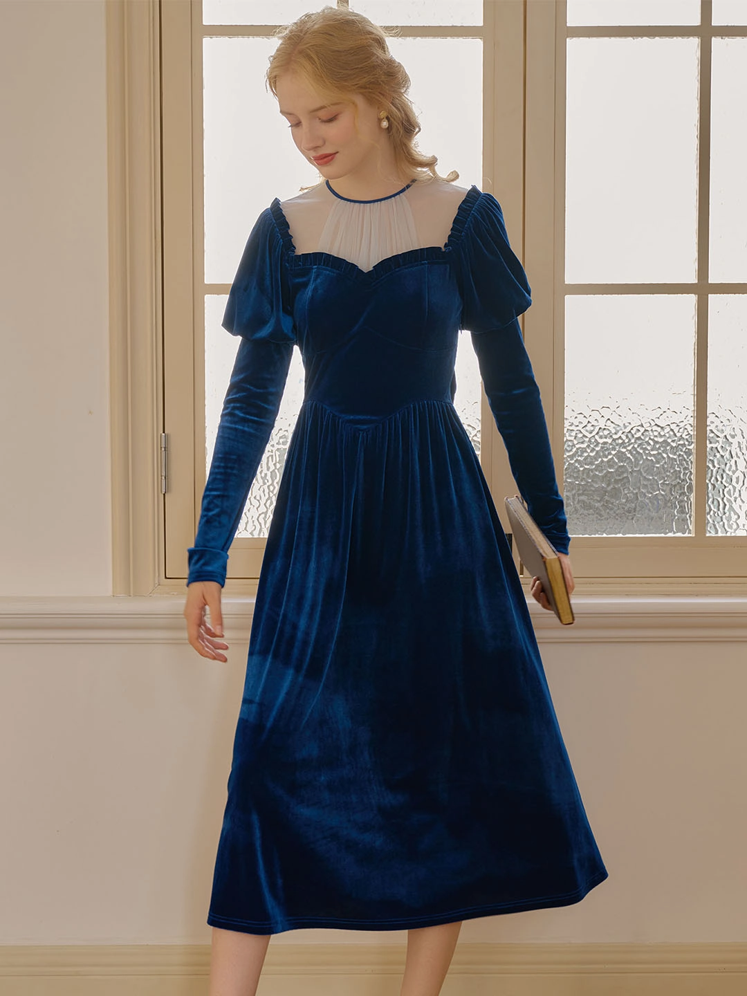 ??Final Sale??Josie Contrast Mesh Gigot Sleeve Velvet Dress Relaxing Design ChafeFree Design