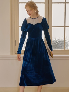 Street Fest Metro Edge ??Final Sale??Josie Contrast Mesh Gigot Sleeve Velvet Dress