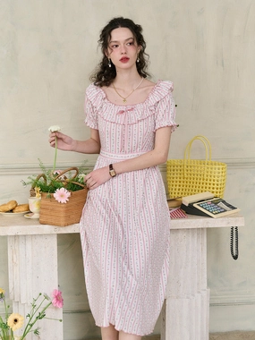 ??Final Sale??Judith Square Collar Trimmed Floral Bow Stripe Dress Bio Glow