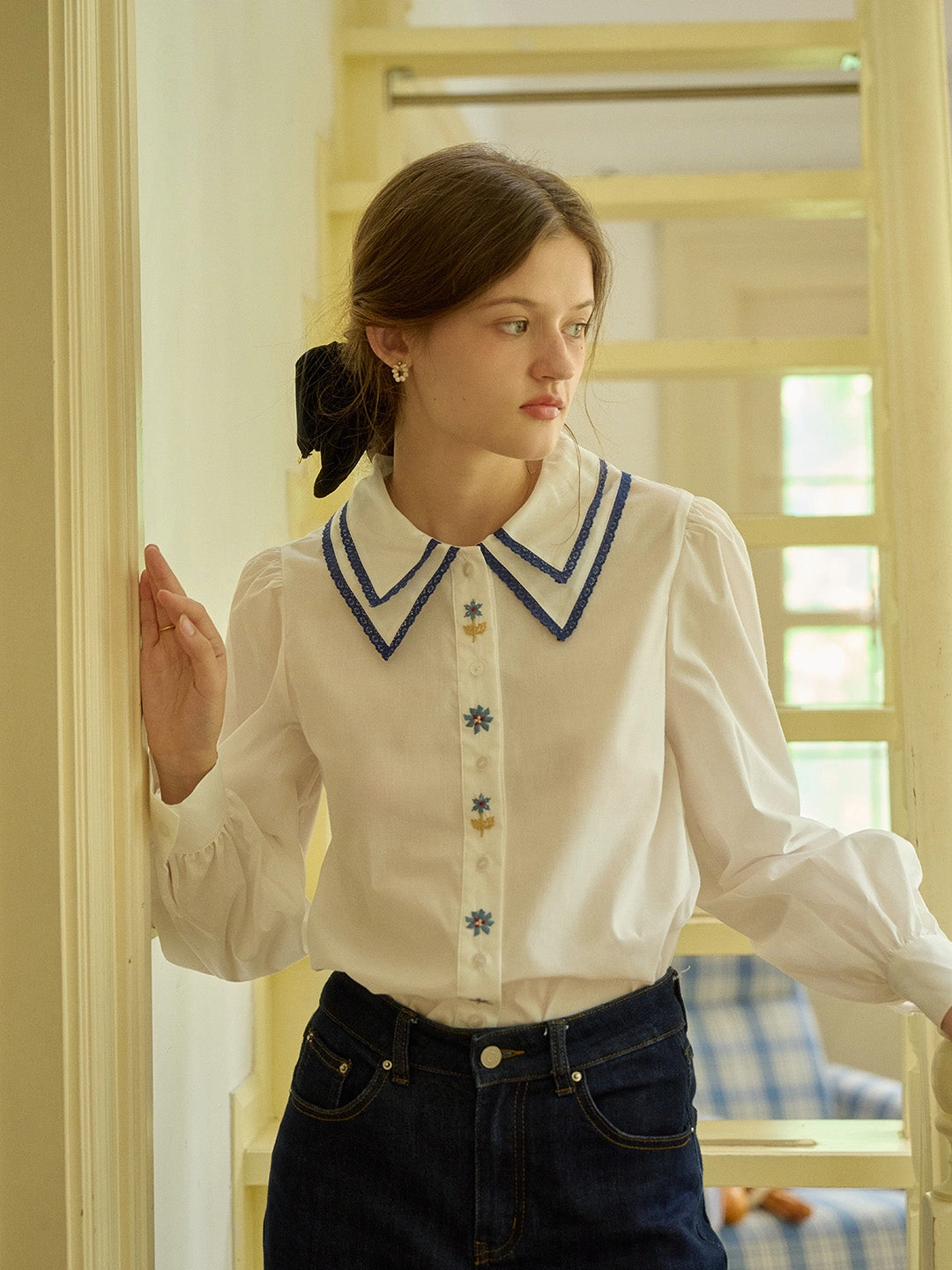 ??Final Sale??Sarah Embroidery Contrast Collar Casual Shirts Balance Core