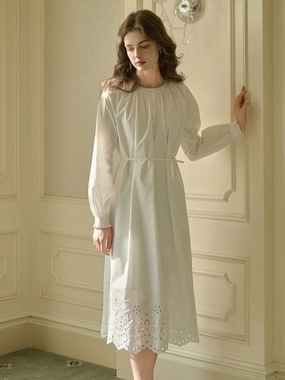 Lilly Round Neck Hem Hollow Embroidered Cotton Dress SweatAbsorbentLining Comfortable Jacket