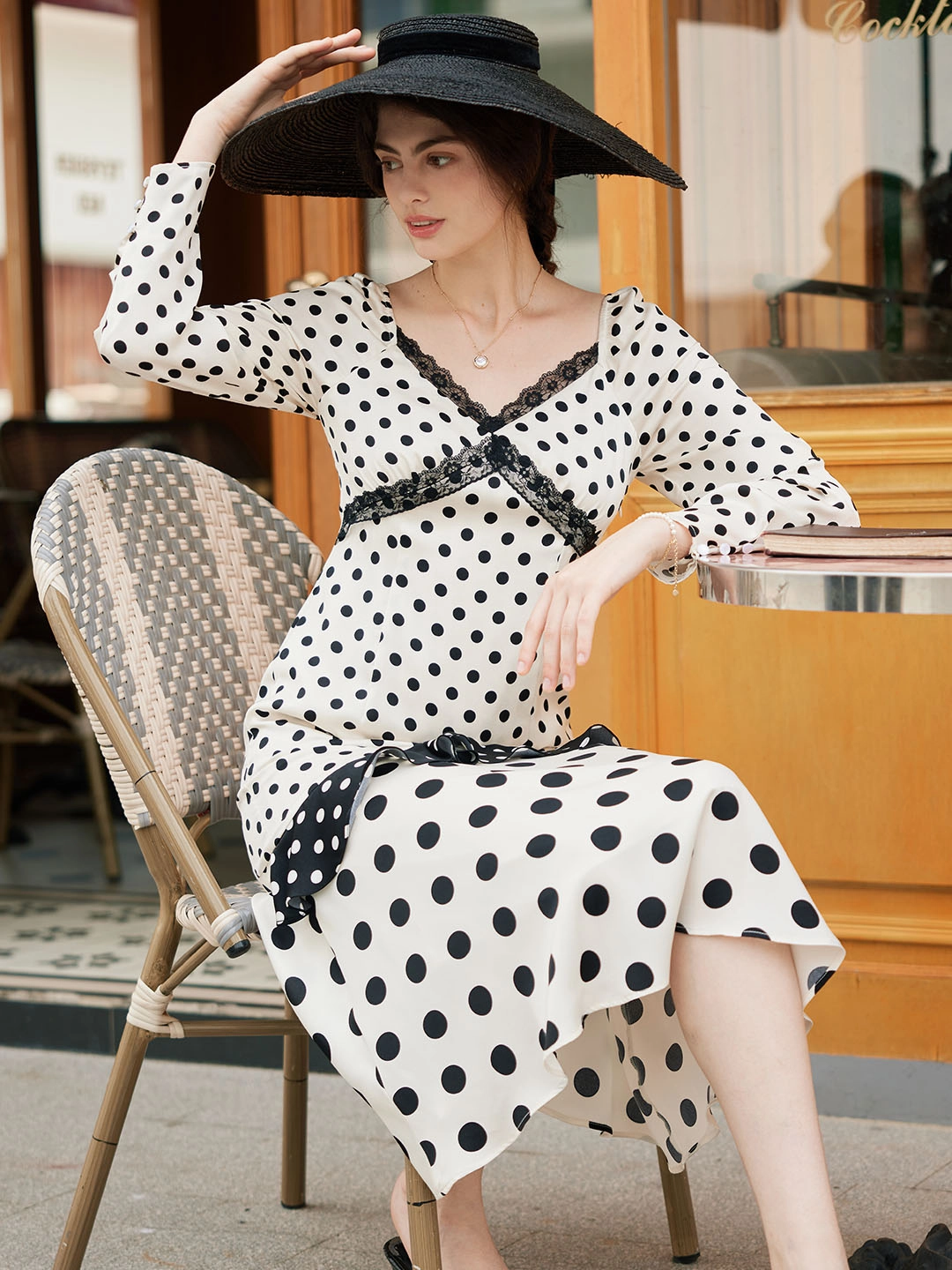Light Wool Sporty Jacket ??Final Sale??Ainhoa Elegant V Neck Lace Stitching Polka Dot Color Contrast Dress