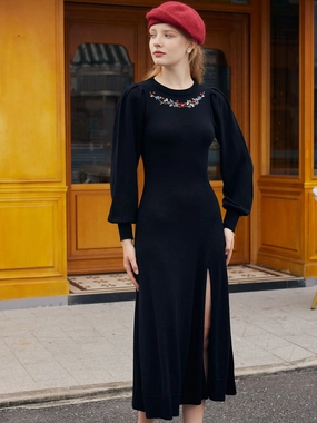 Lily Floral Embroidery Back hollow Split Sweater Dress Group Mood Design Glow