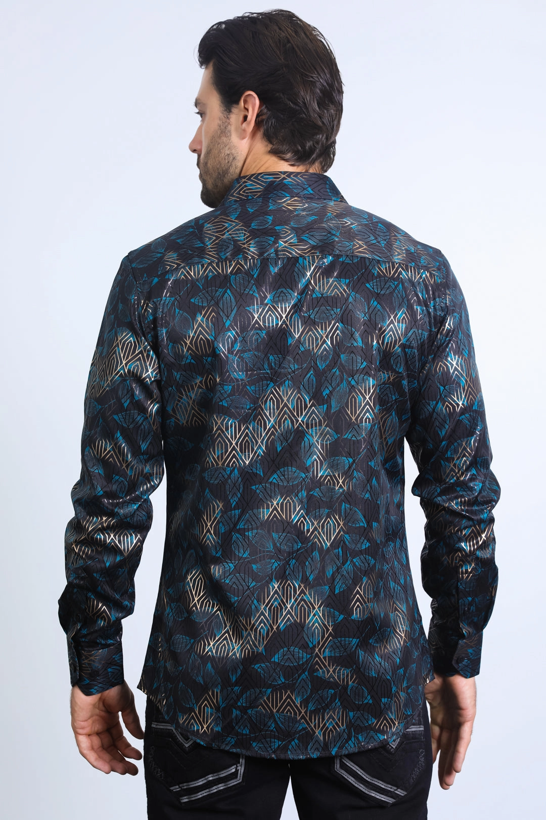 Mens Modern Fit Stretch Foil Fashion Black Shirt Smart Design