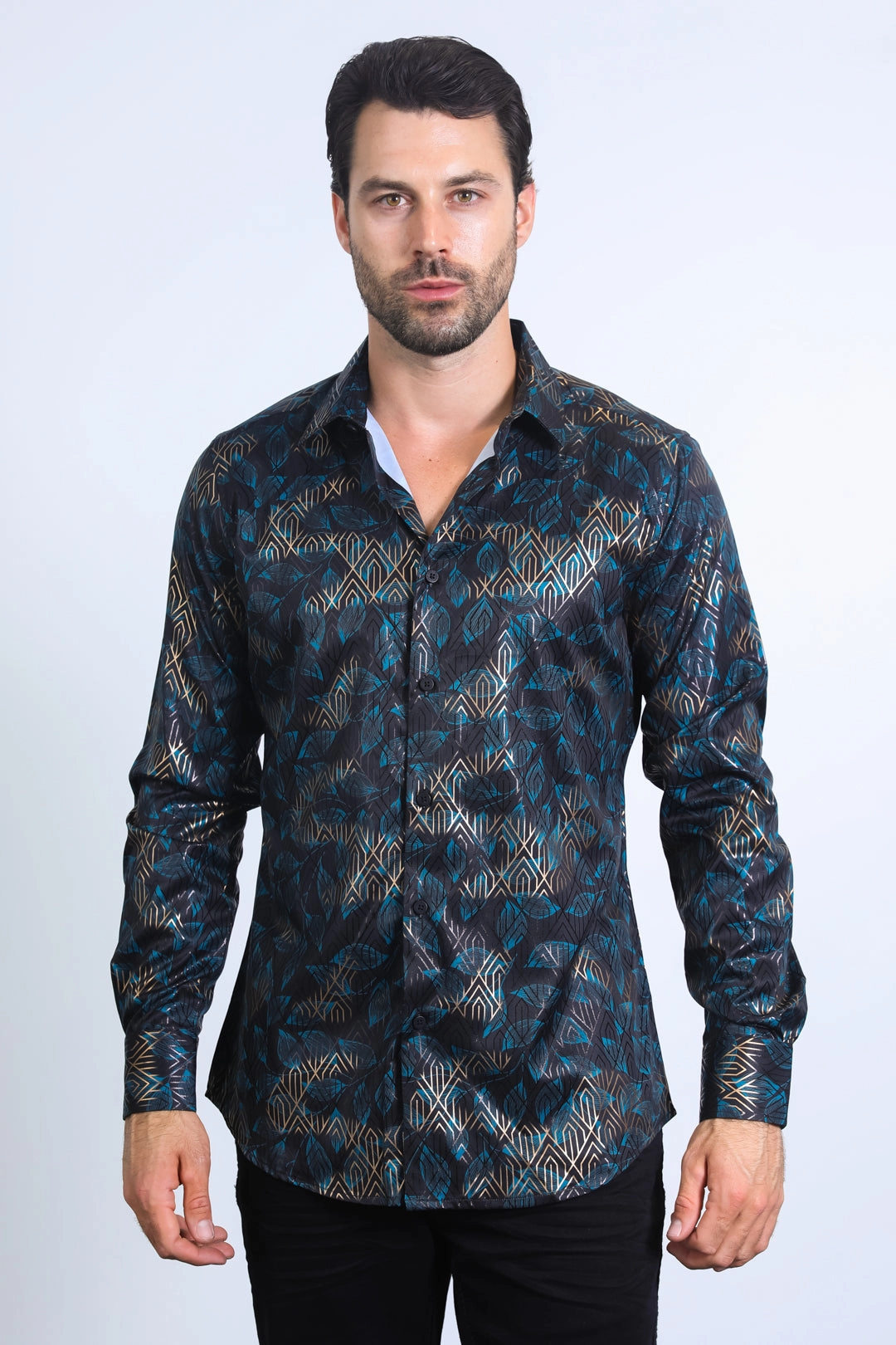 Mens Modern Fit Stretch Foil Fashion Black Shirt Layered Design