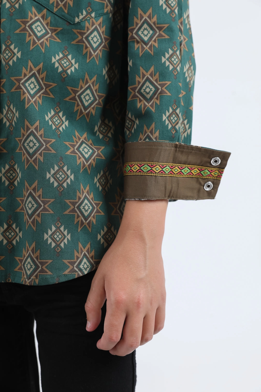 Kid's Western Modern Fit Cotton/Spandex Long Sleeve Green Shirt with Snaps Quick-Dry Cruise Collection