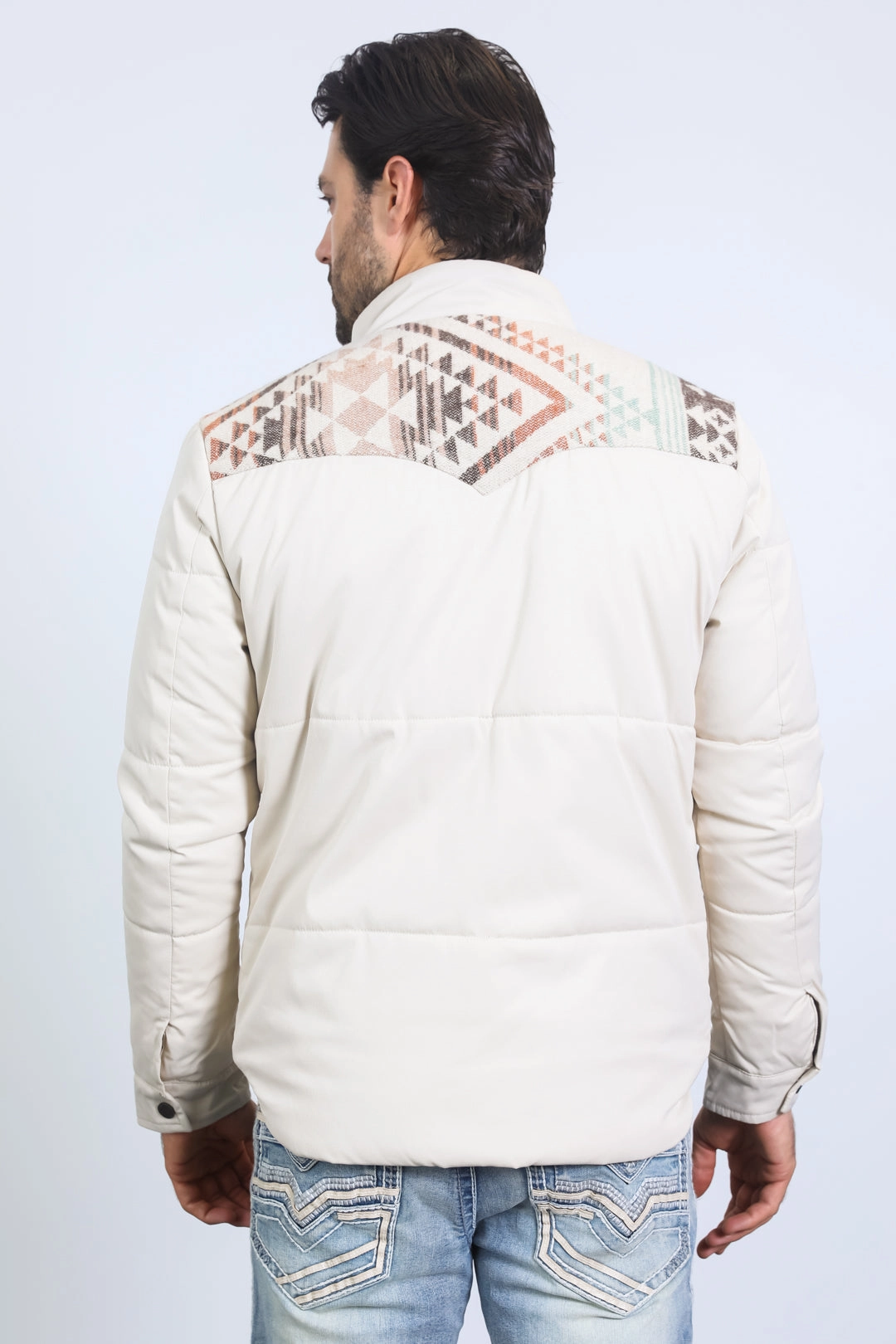 Crystal Soul Men's Ethnic Aztec Quilted Fur Lined Twill Beige Jacket