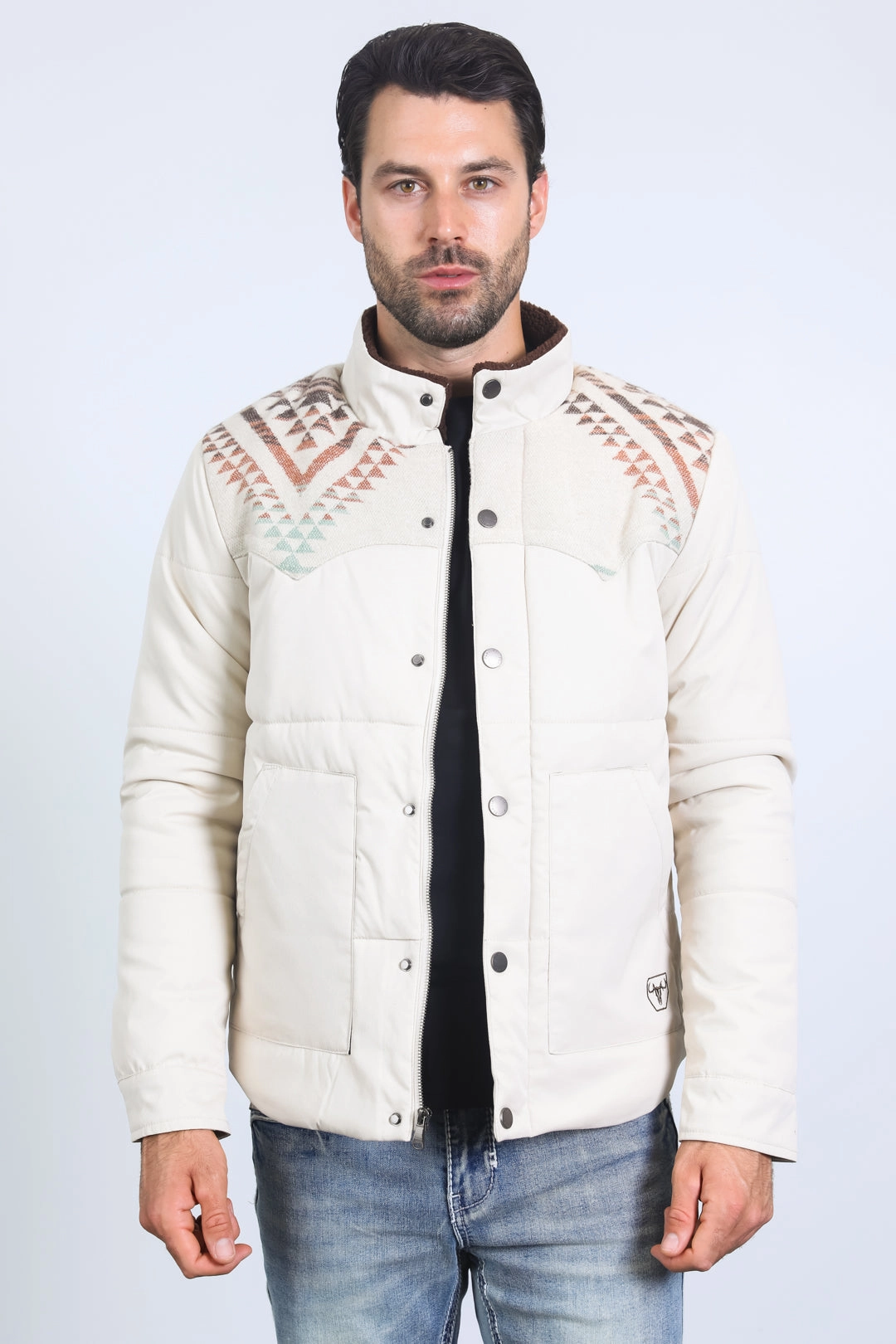 UVProtectionCloth Men's Ethnic Aztec Quilted Fur Lined Twill Beige Jacket