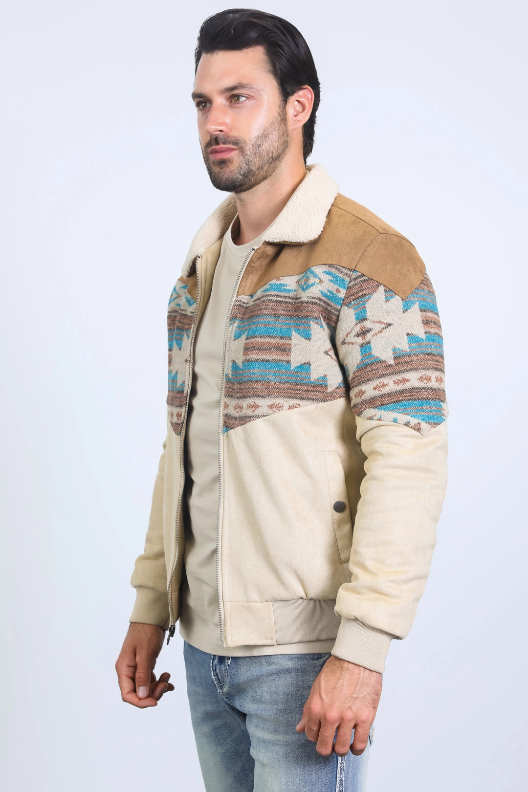 Mens Ethnic Aztec Quilted Twill Beige Jacket W/Suede Accents Epic Glow Air Move