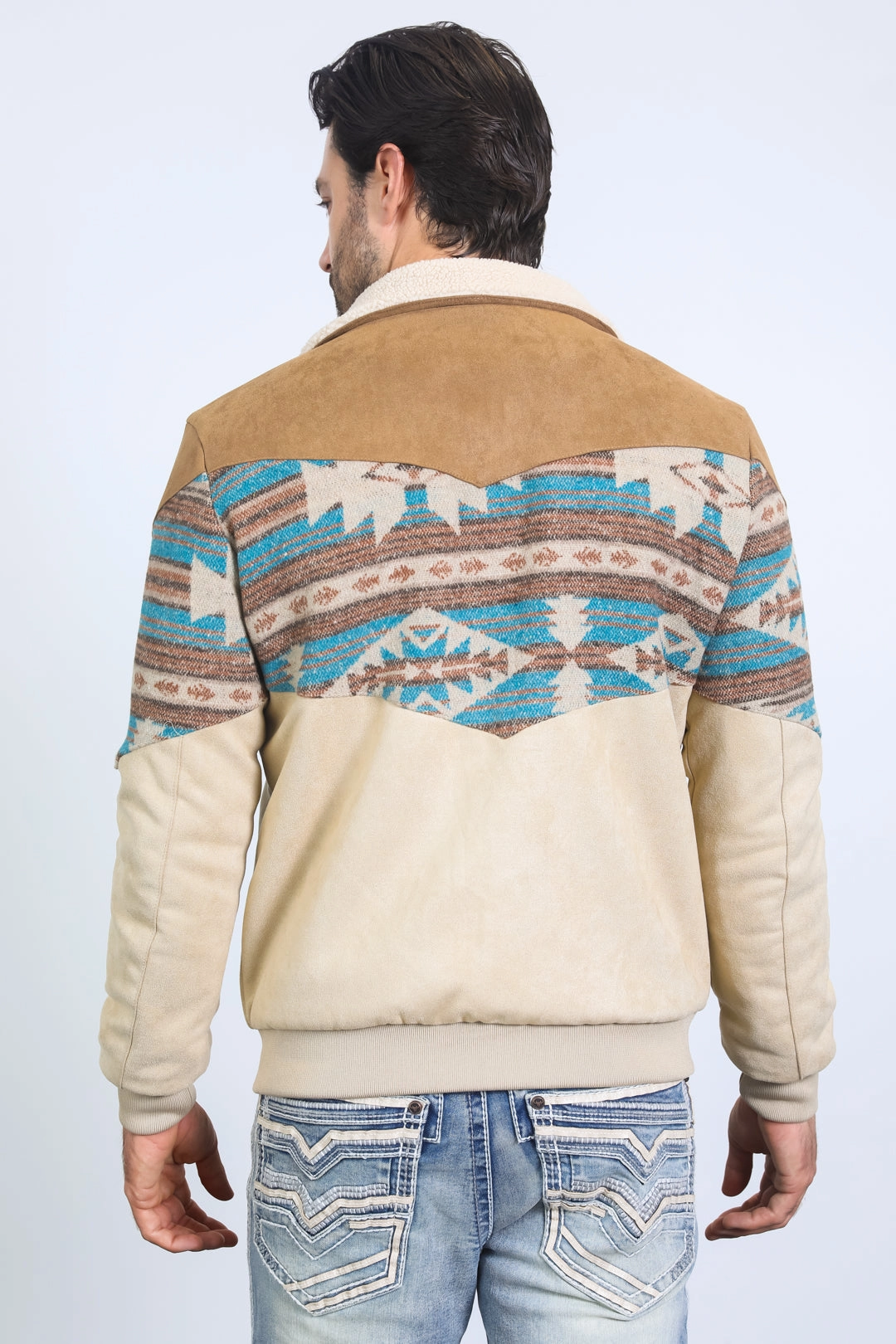 Mens Ethnic Aztec Quilted Twill Beige Jacket W/Suede Accents Cozy Pajama Pants