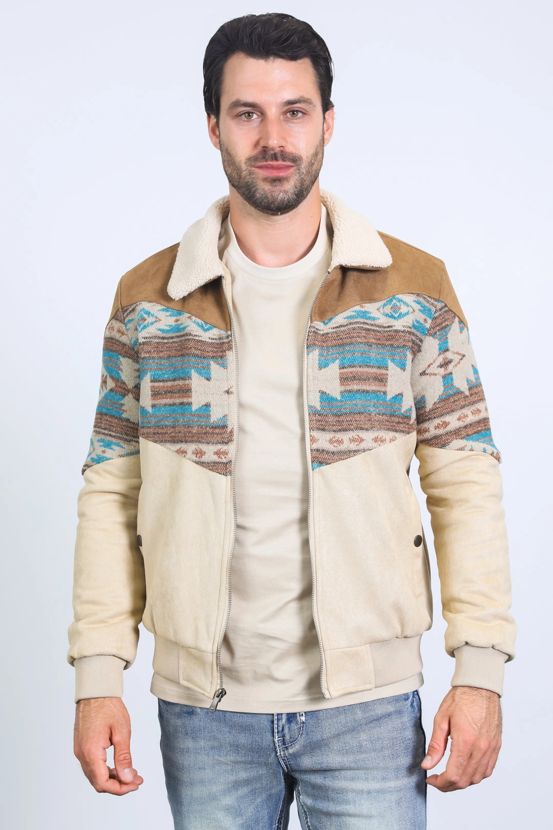 Mens Ethnic Aztec Quilted Twill Beige Jacket W/Suede Accents WrinkleFreeTexture Permanent Crease