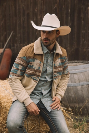 ComfortWaistband Rich Tone Mens Ethnic Aztec Quilted Twill Beige Jacket W/Suede Accents