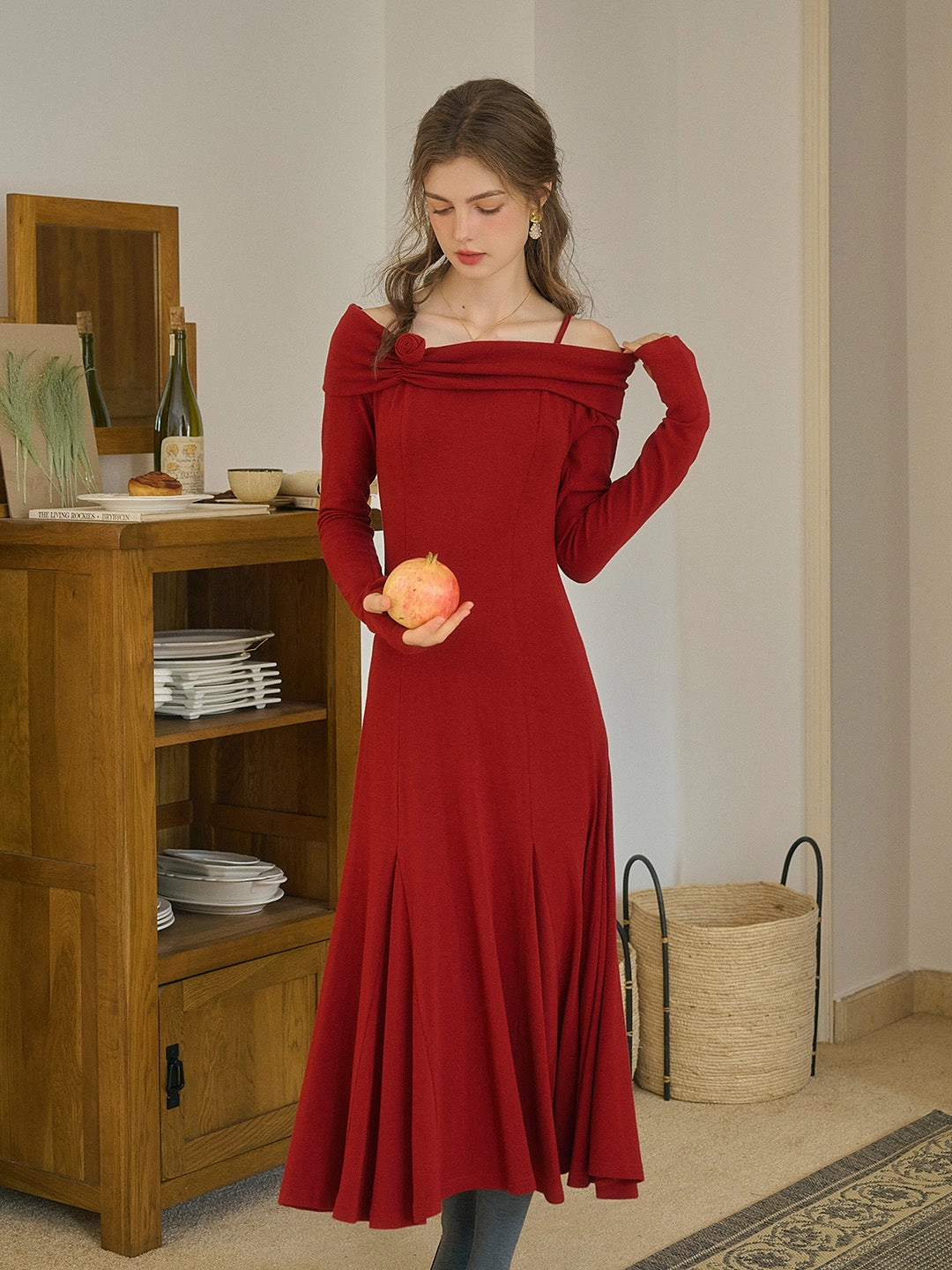 Lucille Elegant Off-Shoulder Rose Mid Dress (with Ribbon)-Red Joy Mood