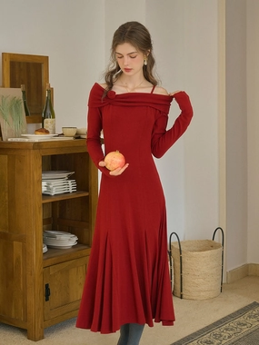 Stylish Fashion Dance Flow Lucille Elegant Off-Shoulder Rose Mid Dress (with Ribbon)-Red