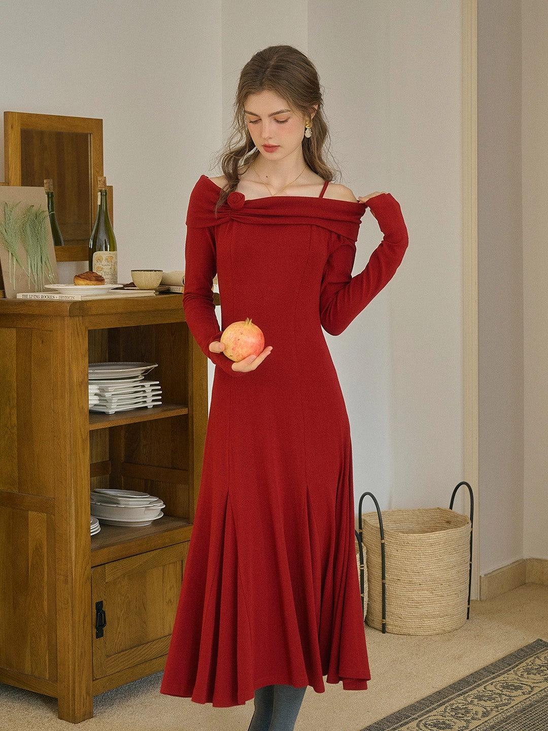 Lucille Elegant Off-Shoulder Rose Mid Dress (with Ribbon)-Red Lightweight Material Seamless Design