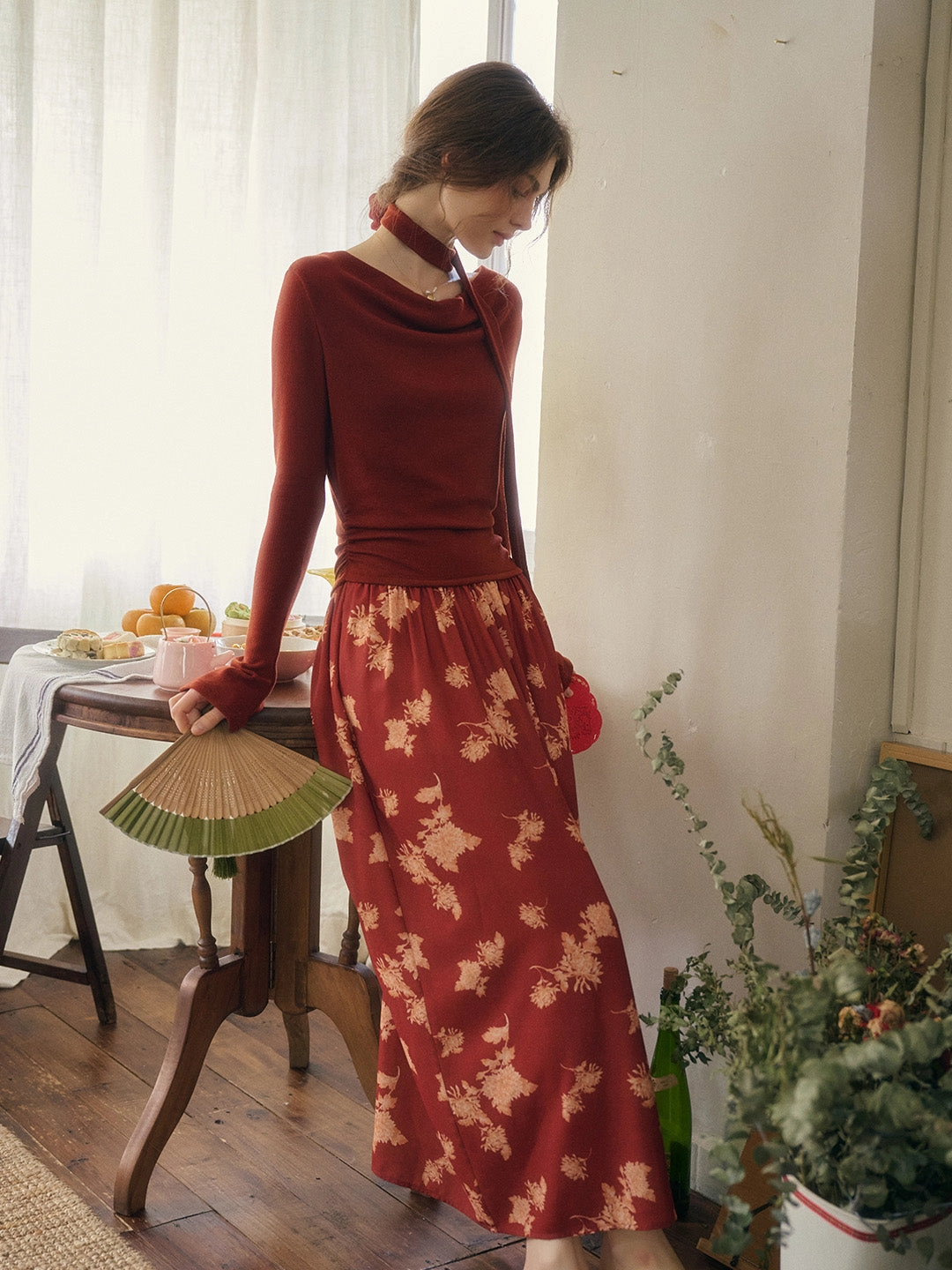 Cotton Glow Luna Retro Scarf Long-sleeved Dress