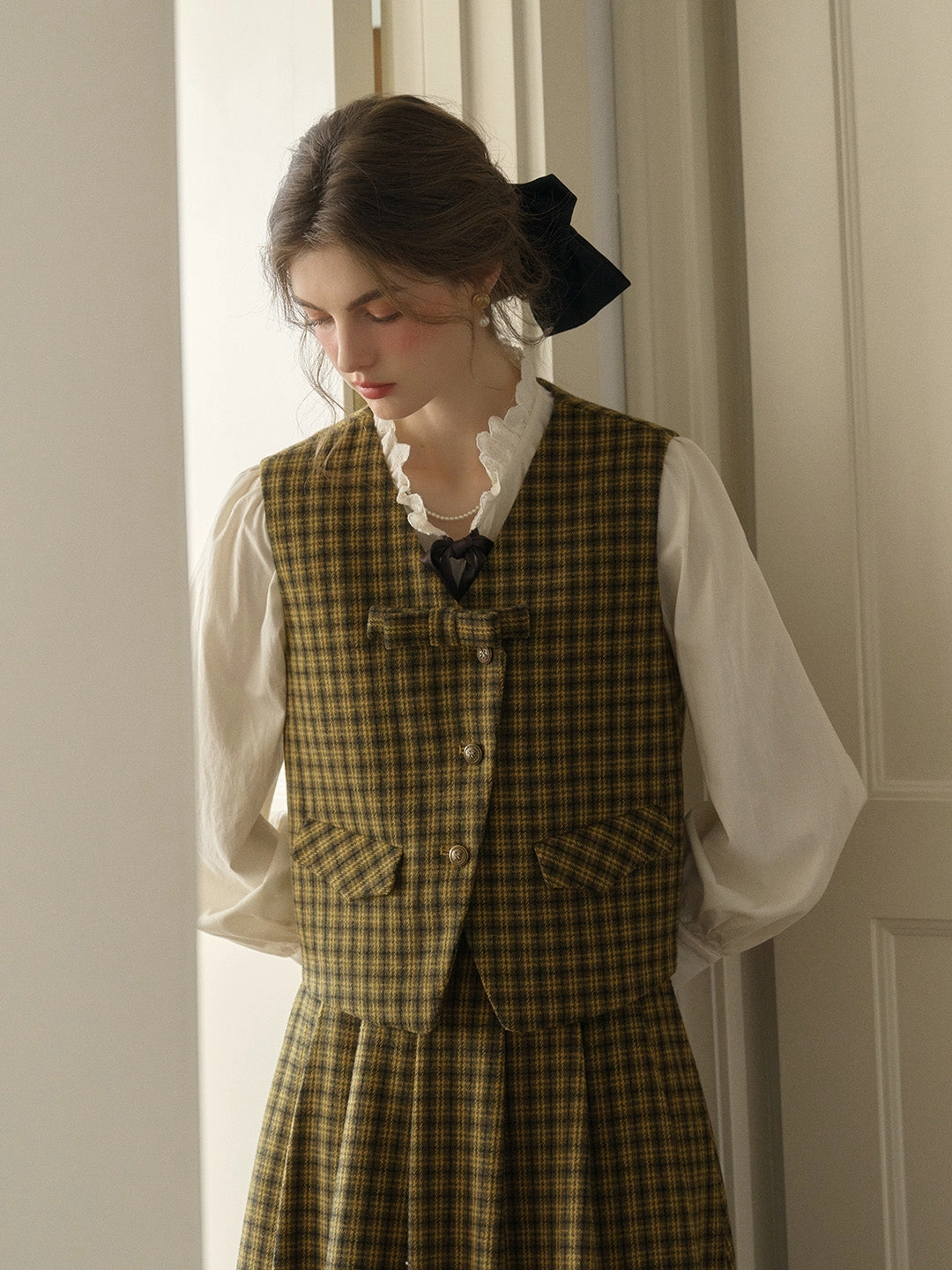 Luz V-neck Slim 3D Bow Black Yellow Plaid Pocket Wool Vest - Yellow EcoFriendlyTextile