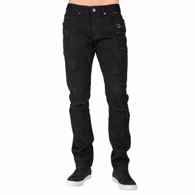 Party Ready Slim Tapered Leg Overdyed Black Premium Denim Signature 5 Pocket Jean Mended Broken Holes