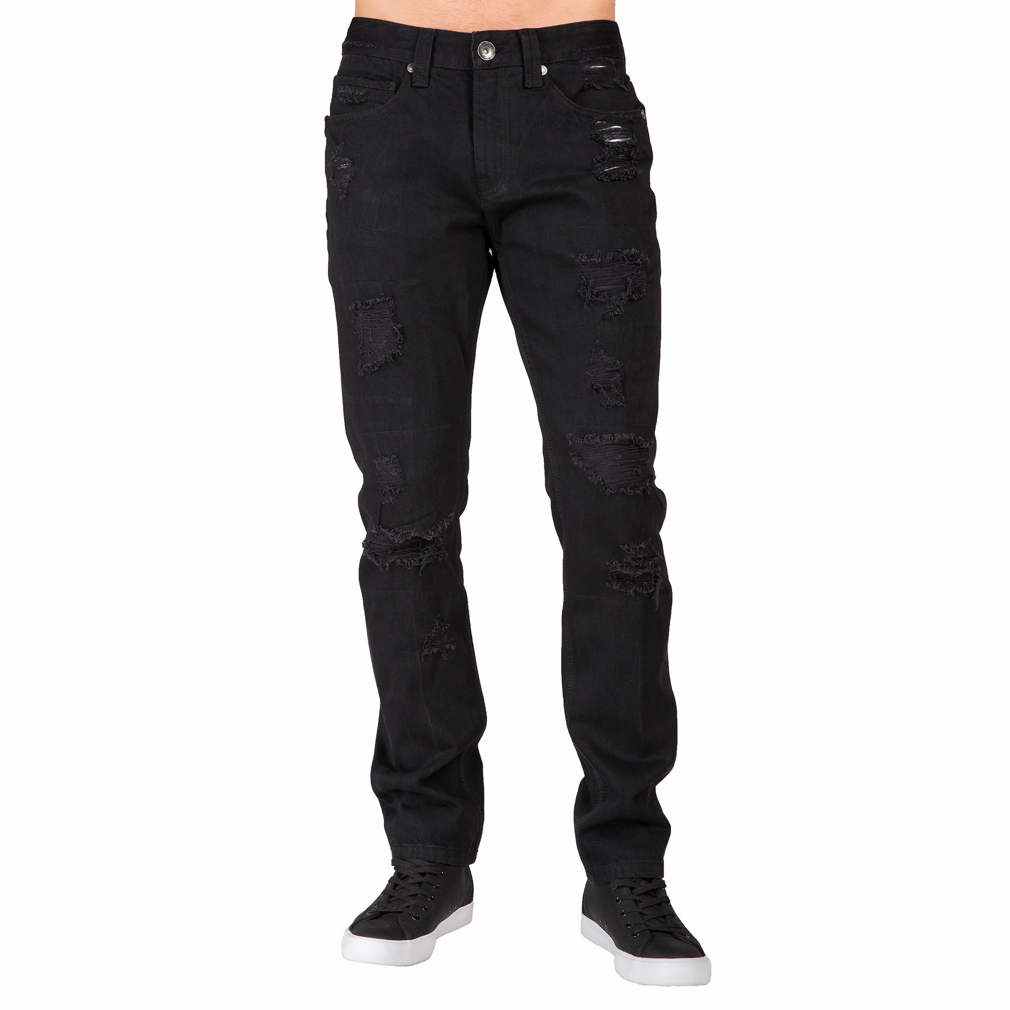 Party Ready Slim Tapered Leg Overdyed Black Premium Denim Signature 5 Pocket Jean Mended Broken Holes