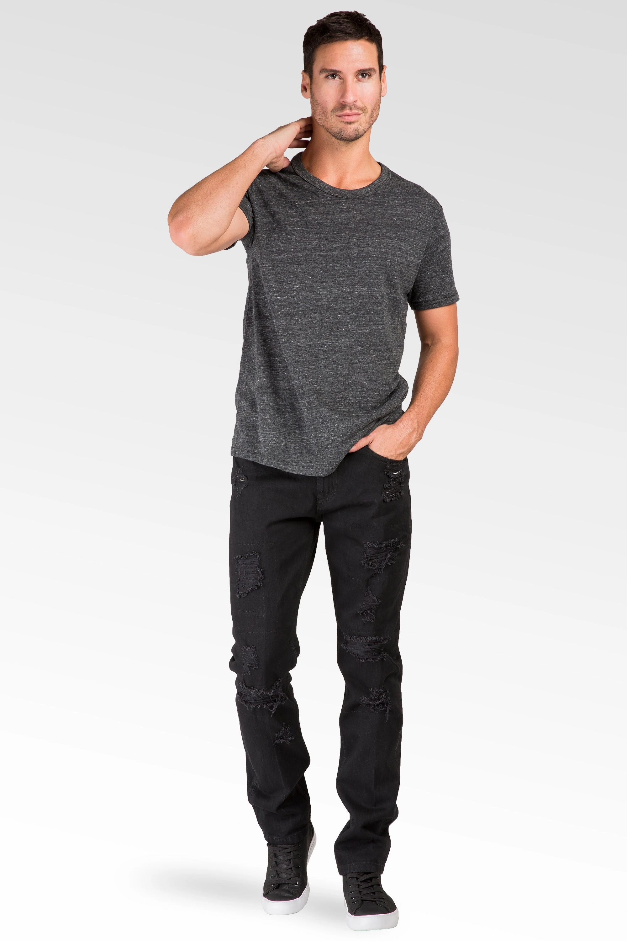 Elite Core Streetwear Style Slim Tapered Leg Overdyed Black Premium Denim Signature 5 Pocket Jean Mended Broken Holes