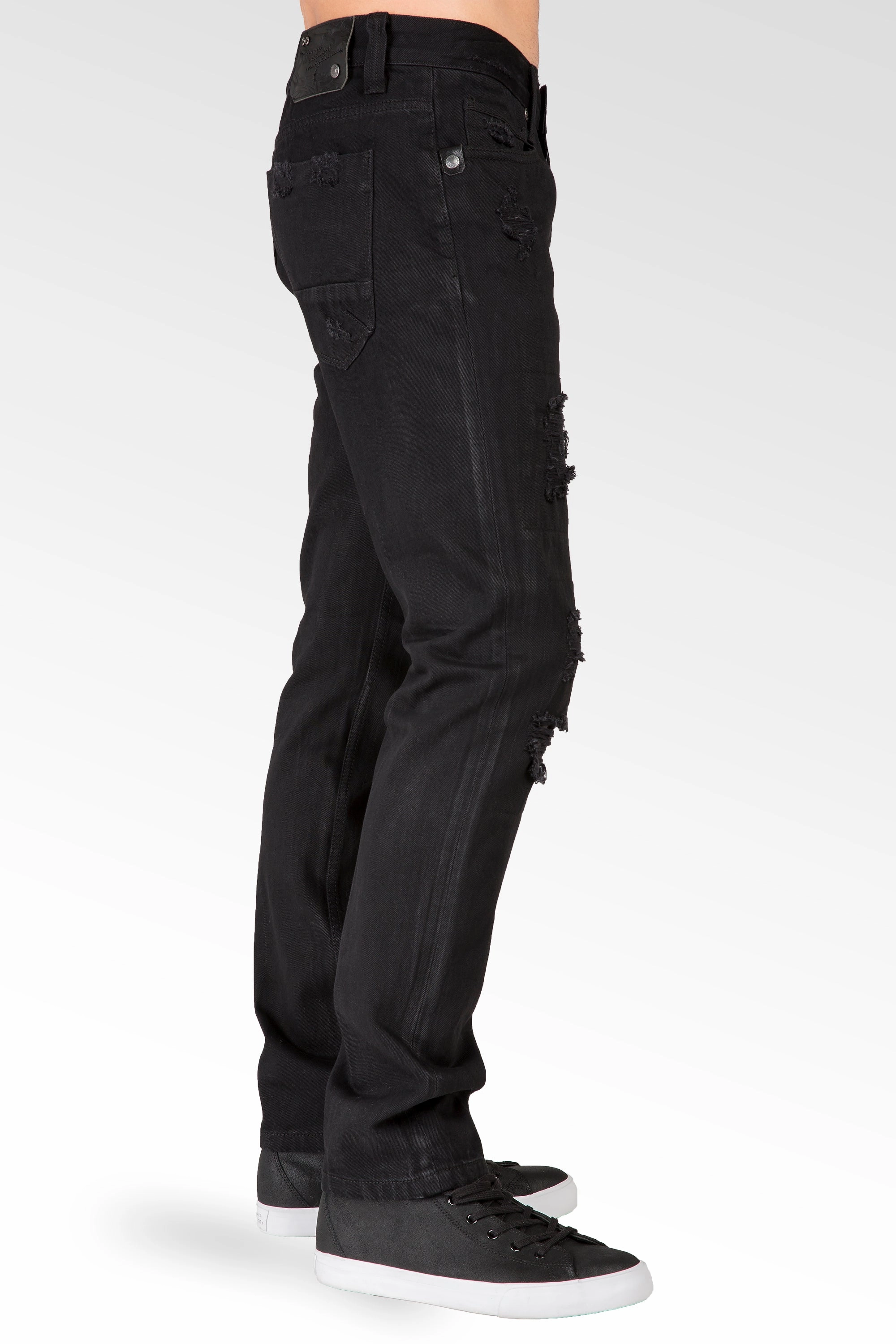 AllSeasonWear Cozy Wrap Slim Tapered Leg Overdyed Black Premium Denim Signature 5 Pocket Jean Mended Broken Holes