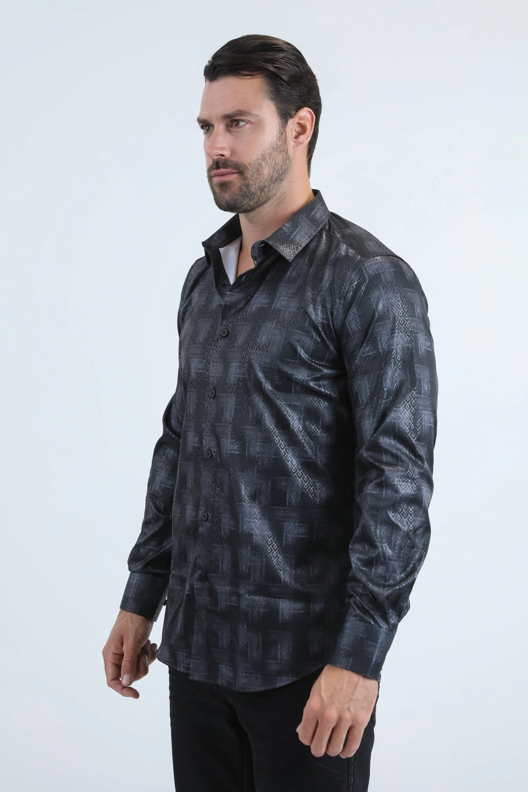 Stylish Appearance Thermal regulation Mens Modern Fit Stretch Foil Fashion Black Shirt