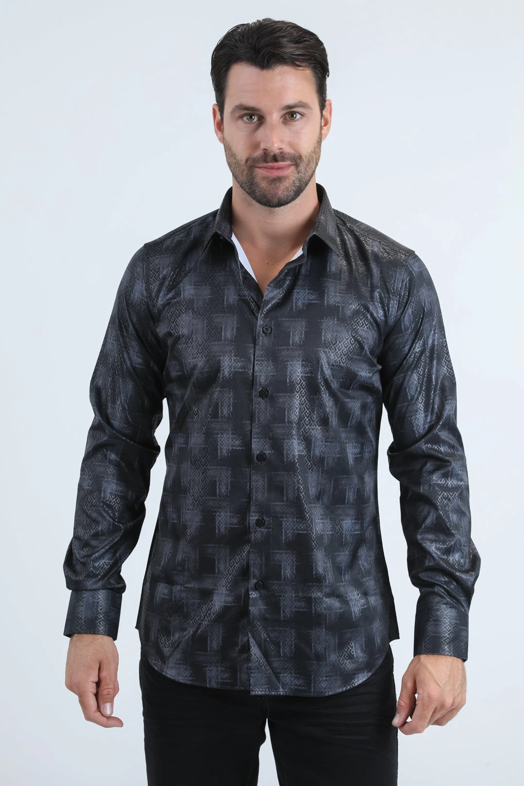 Mens Modern Fit Stretch Foil Fashion Black Shirt Unique Design crew neck