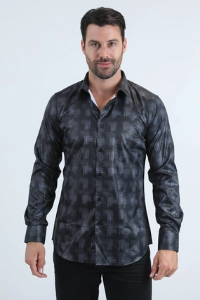 Mens Modern Fit Stretch Foil Fashion Black Shirt Unique Design crew neck