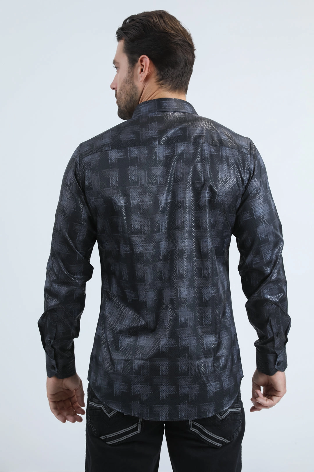 Mens Modern Fit Stretch Foil Fashion Black Shirt Versatile Layer