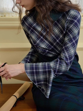 Office Mood Madeline Peter Pan Collar Plaid Print Flare Sleeve Dress