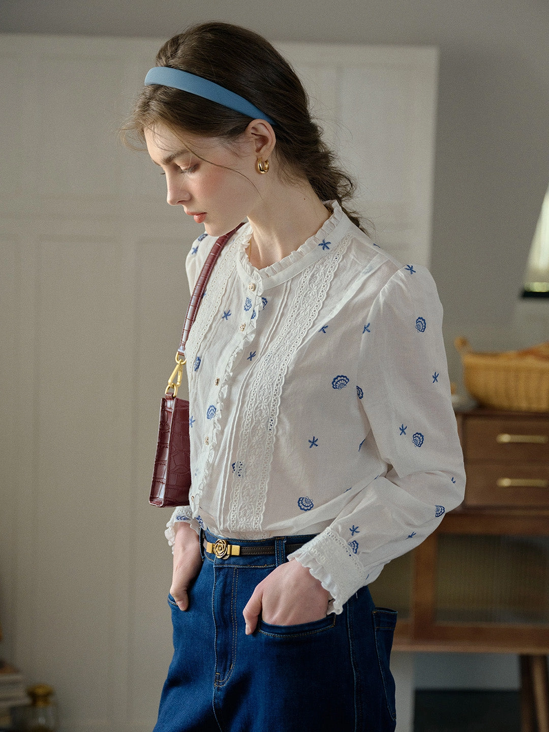 Madison Lace Paneled Button Front Cotton Blouse FlexibleElasticity Durable Reinforcements