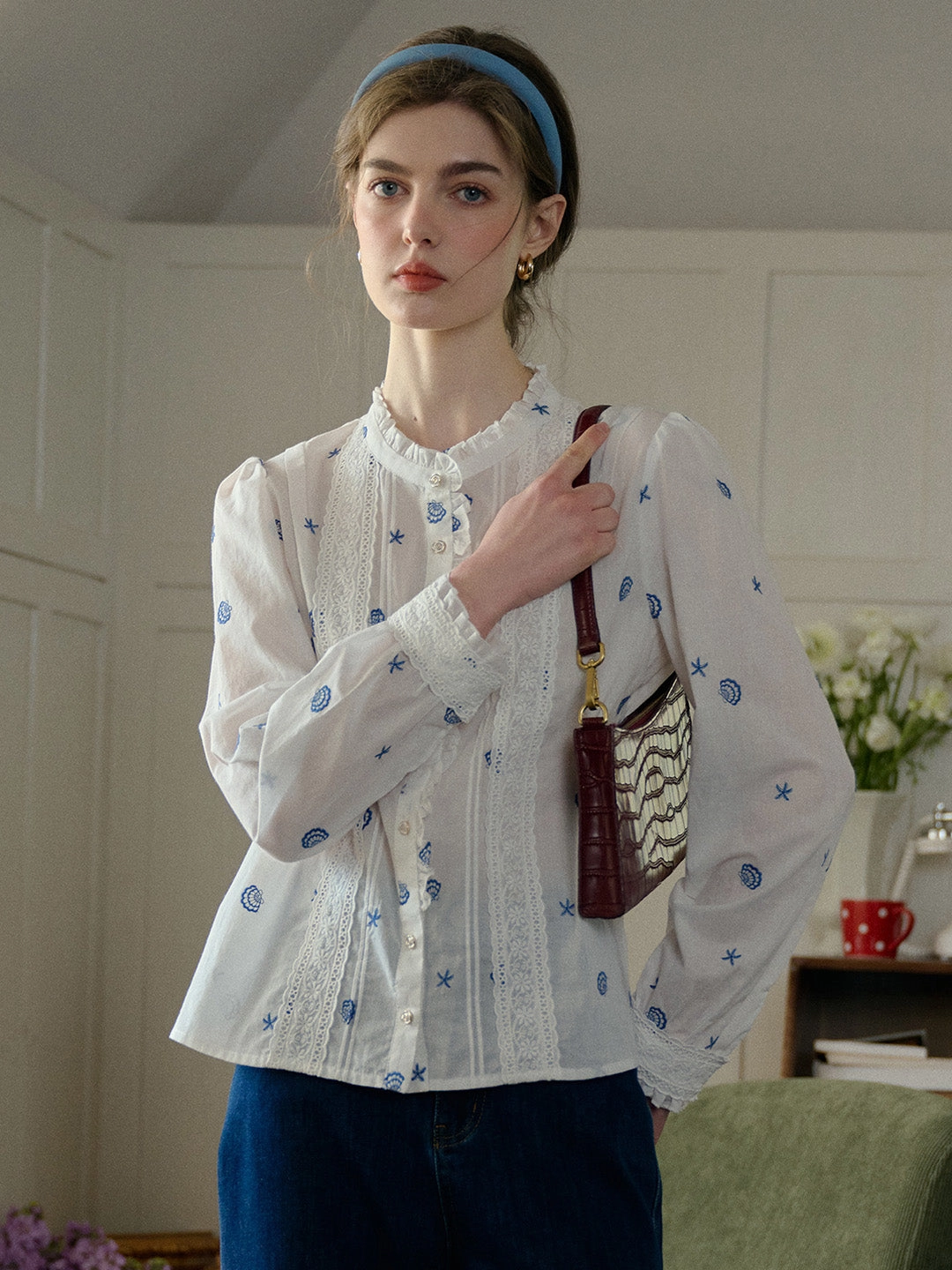 Easy Fashion Madison Lace Paneled Button Front Cotton Blouse