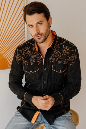 Sporty Style No Bulk Layering System Mens Vintage Washed 2-tone Embroidery Modern Fit Stretch Shirt