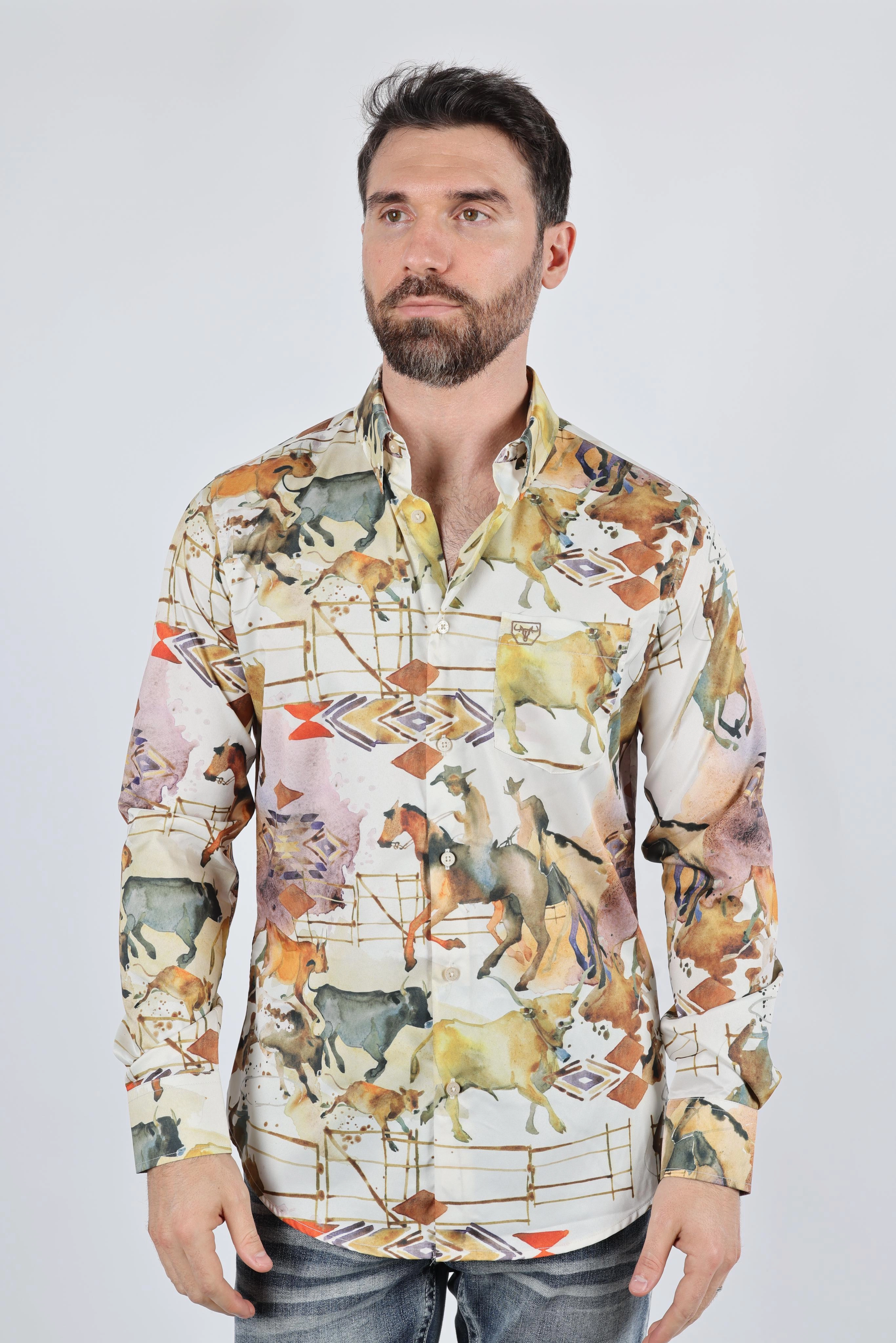 Classy Detail Mens Long Sleeve Modern Fit Stretch Wild Horses Print Shirt
