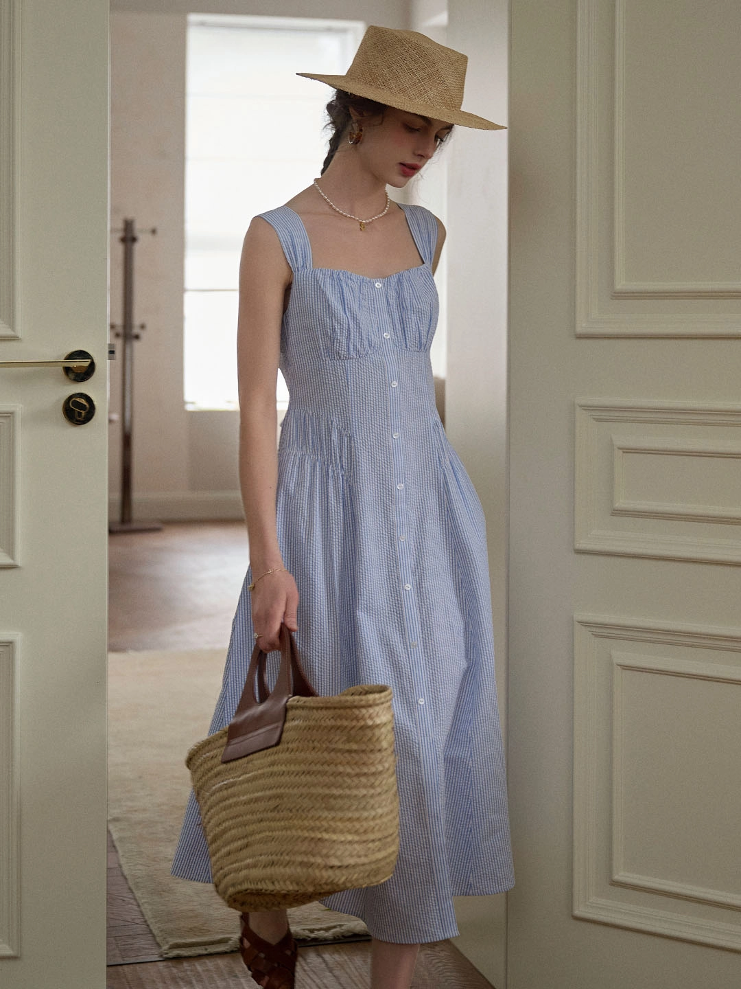 Mariah Simple Square Neck Striped A-line Cotton Dress- Blue Natural Fiber Blend