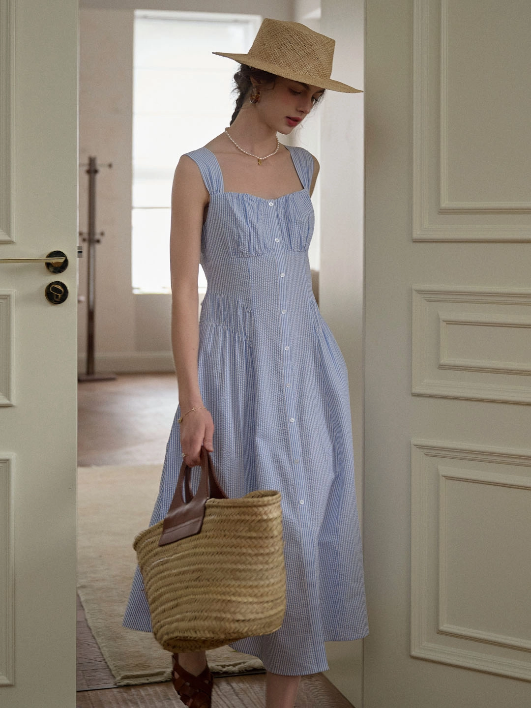 LightweightInsulation Mariah Simple Square Neck Striped A-line Cotton Dress- Blue