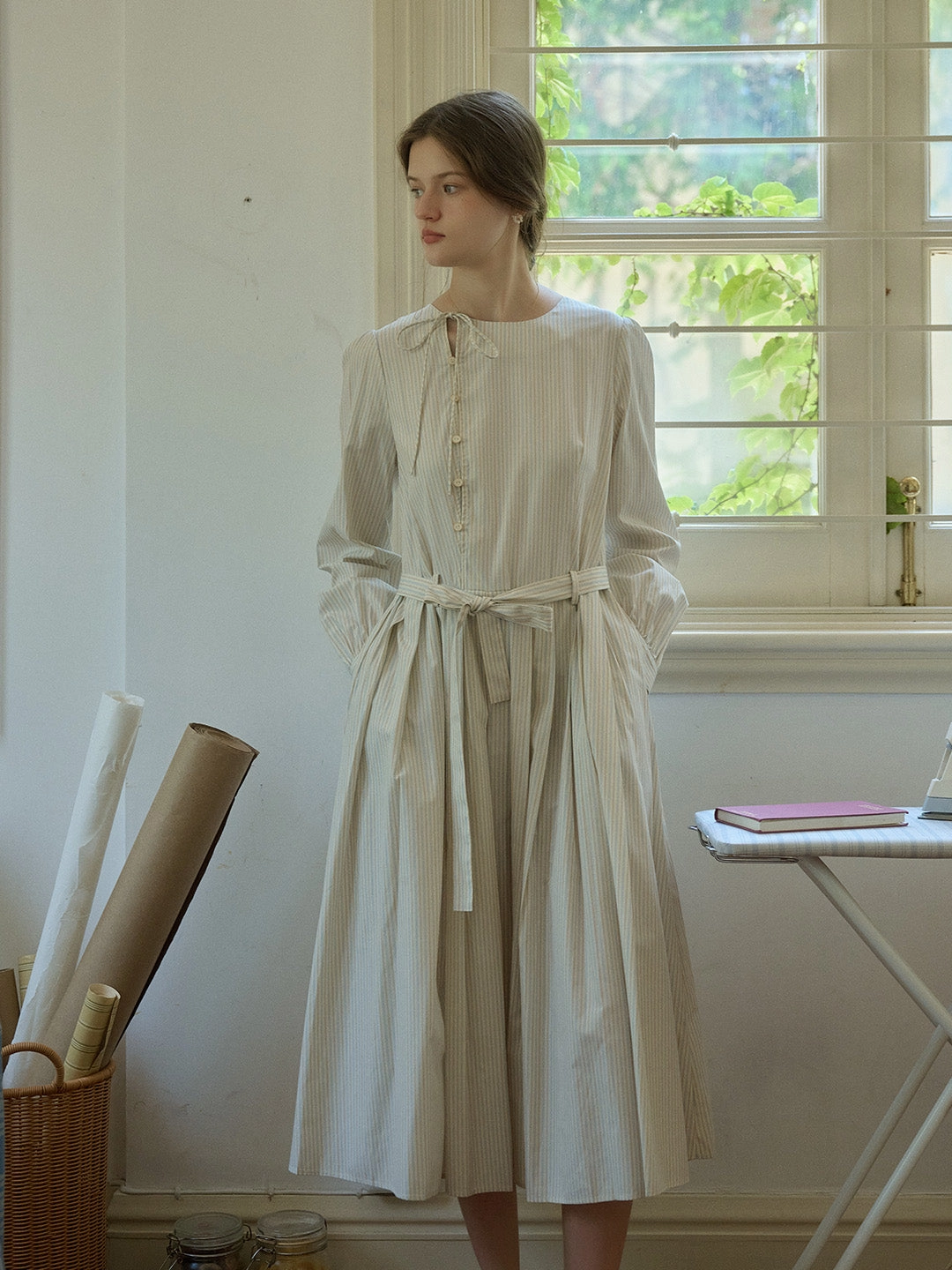 Comfortable Jumpsuit Translucent Soul Marie Round Neck Bow Front Button Striped A-Line Dress